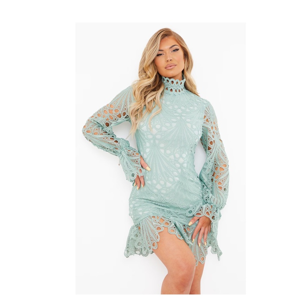 PrettyLittleThing High Neck Lace Long Sleeve Frill Bodycon Dresss